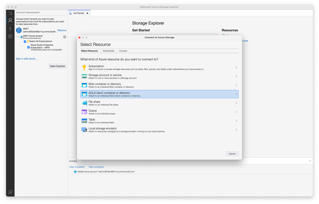 Click on the ADLS Gen2 container or directory