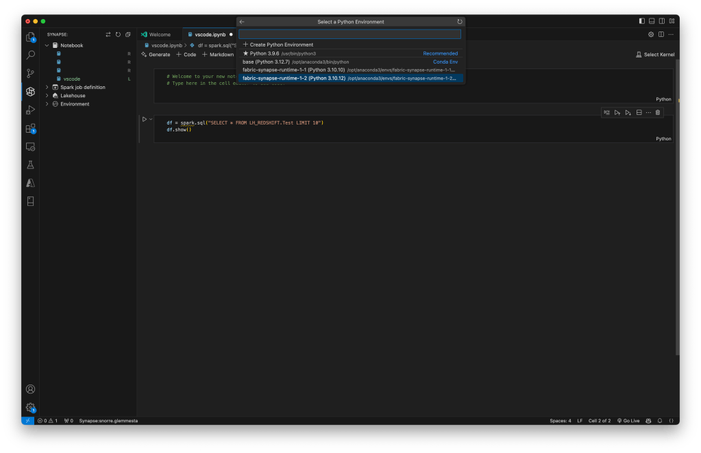 Select fabric-synapse-runtime-1-2
