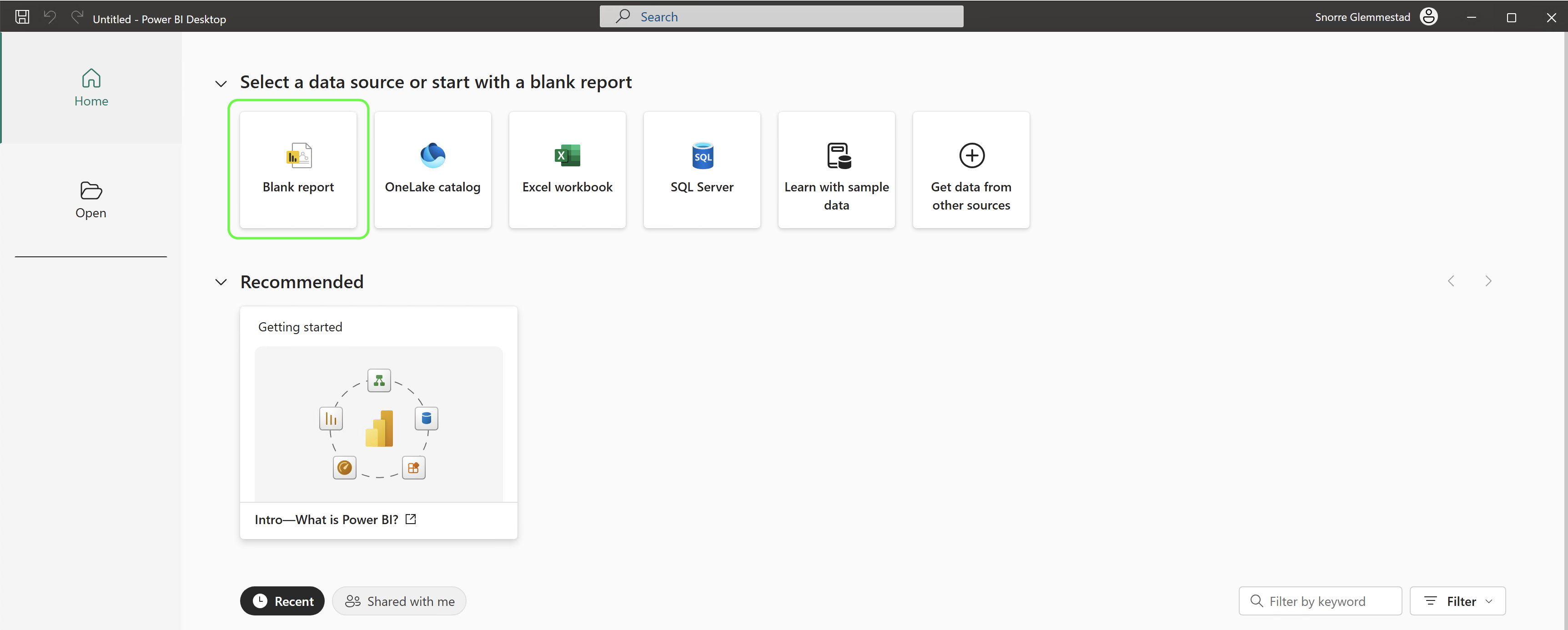 Power BI Desktop start screen showing data source options