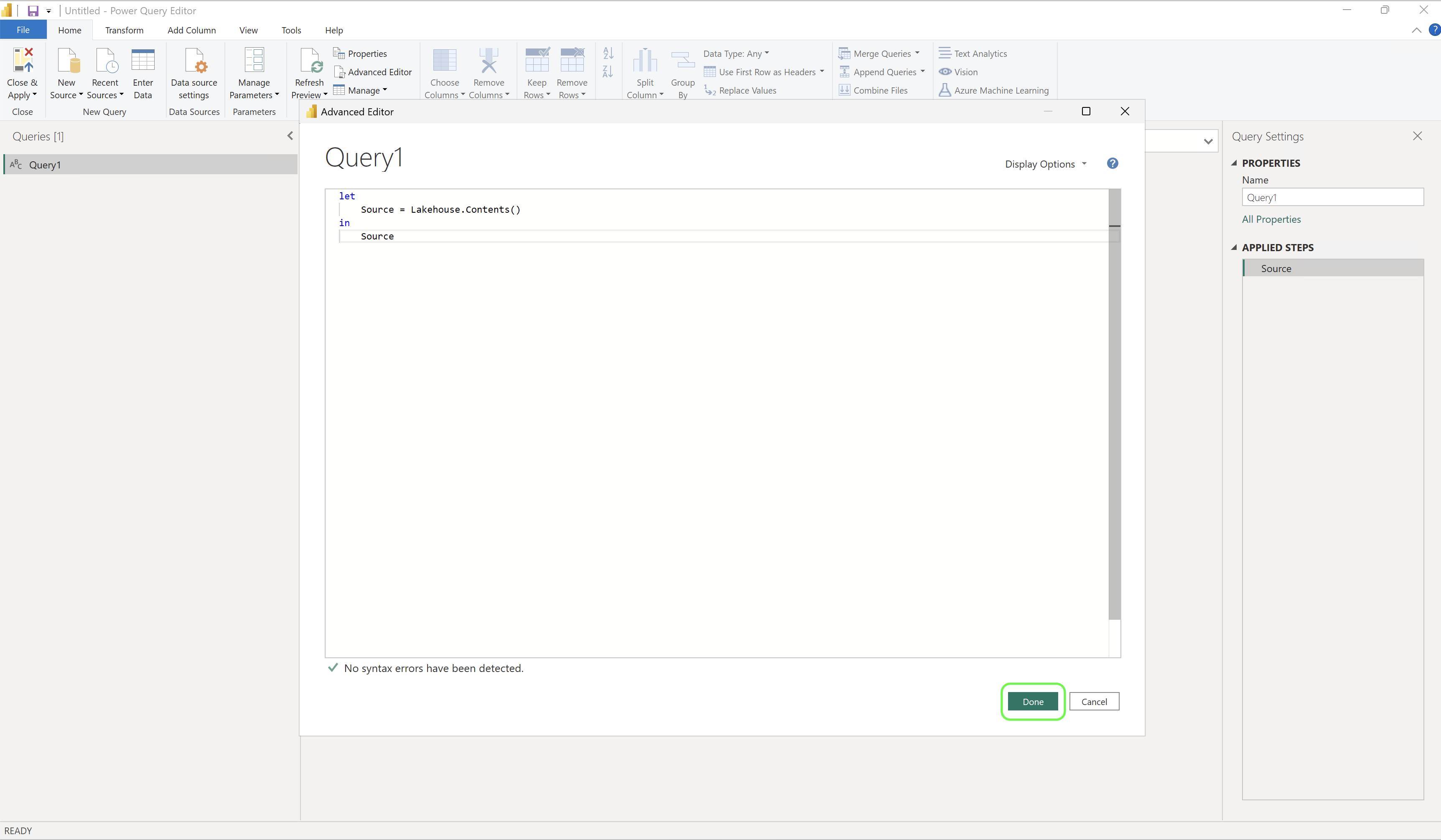 Advanced Editor with Lakehouse.Contents() code
